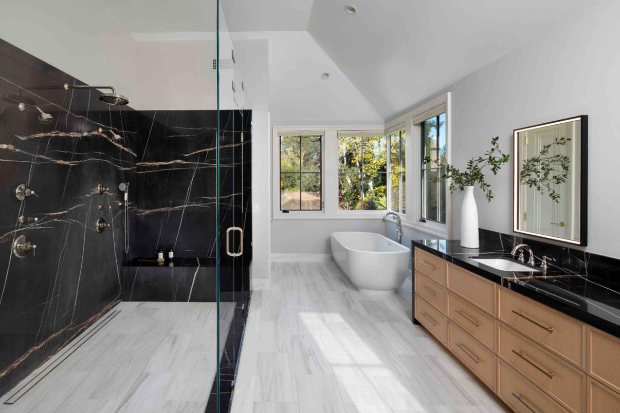 Bathroom, Dual Sink Vanities, Free Standing Baths, Glass Shower, Interior, Marble, Marble Walls, Recessed Lighting