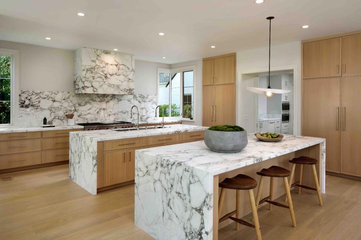 Interior, Kitchen, Marble Walls, Pendant Lights, Recessed Lighting, Wood Texture Flooring