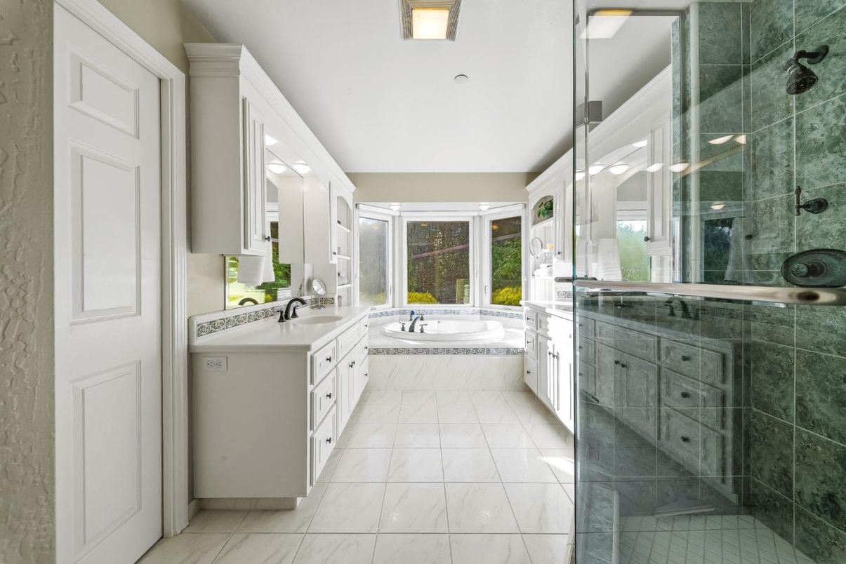 Bathroom, Dual Sink Vanities, Glass Shower, Interior, Marble, Recessed Lighting