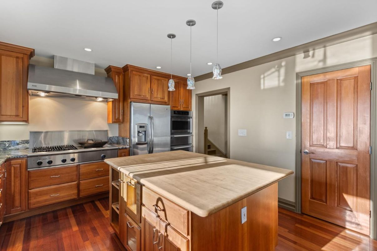Interior, Kitchen, Pendant Lights, Recessed Lighting, Stainless Steel Appliances, Wood Texture Flooring