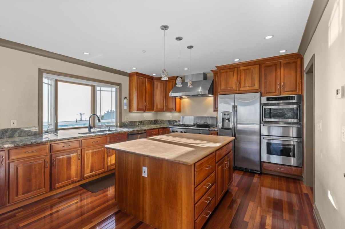 Interior, Kitchen, Pendant Lights, Recessed Lighting, Stainless Steel Appliances, Wood Texture Flooring