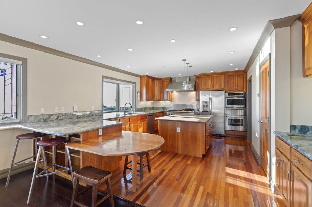 Interior, Kitchen, Pendant Lights, Recessed Lighting, Stainless Steel Appliances, Wood Texture Flooring