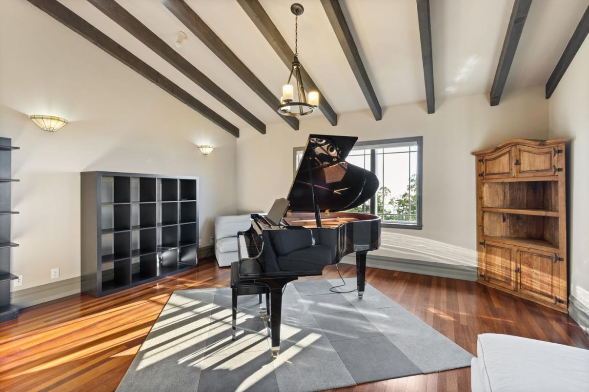 Interior, Pendant Lights, Piano, Wooden Beams, Wood Texture Flooring