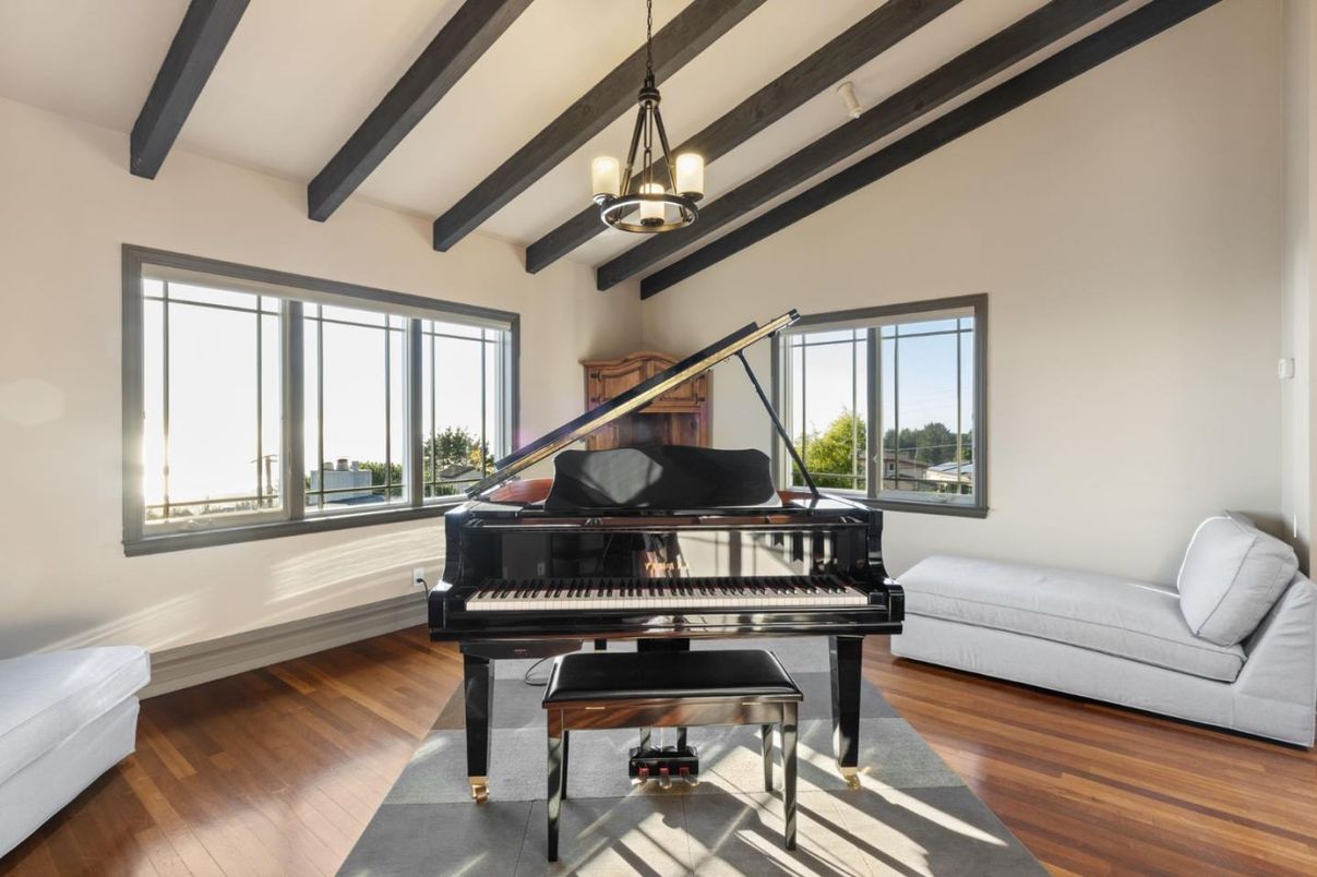 Interior, Pendant Lights, Piano, Wooden Beams, Wood Texture Flooring