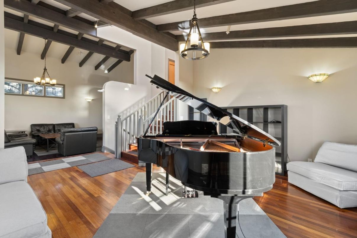 Interior, Living room, Pendant Lights, Piano, Wooden Beams, Wood Texture Flooring