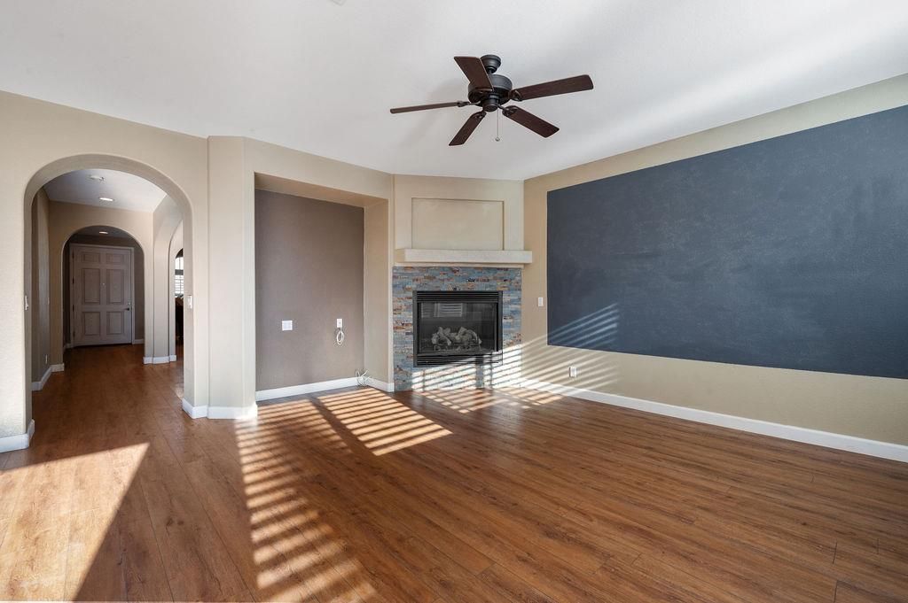 Empty room, Fireplace, Interior, Recessed Lighting, Wood Texture Flooring