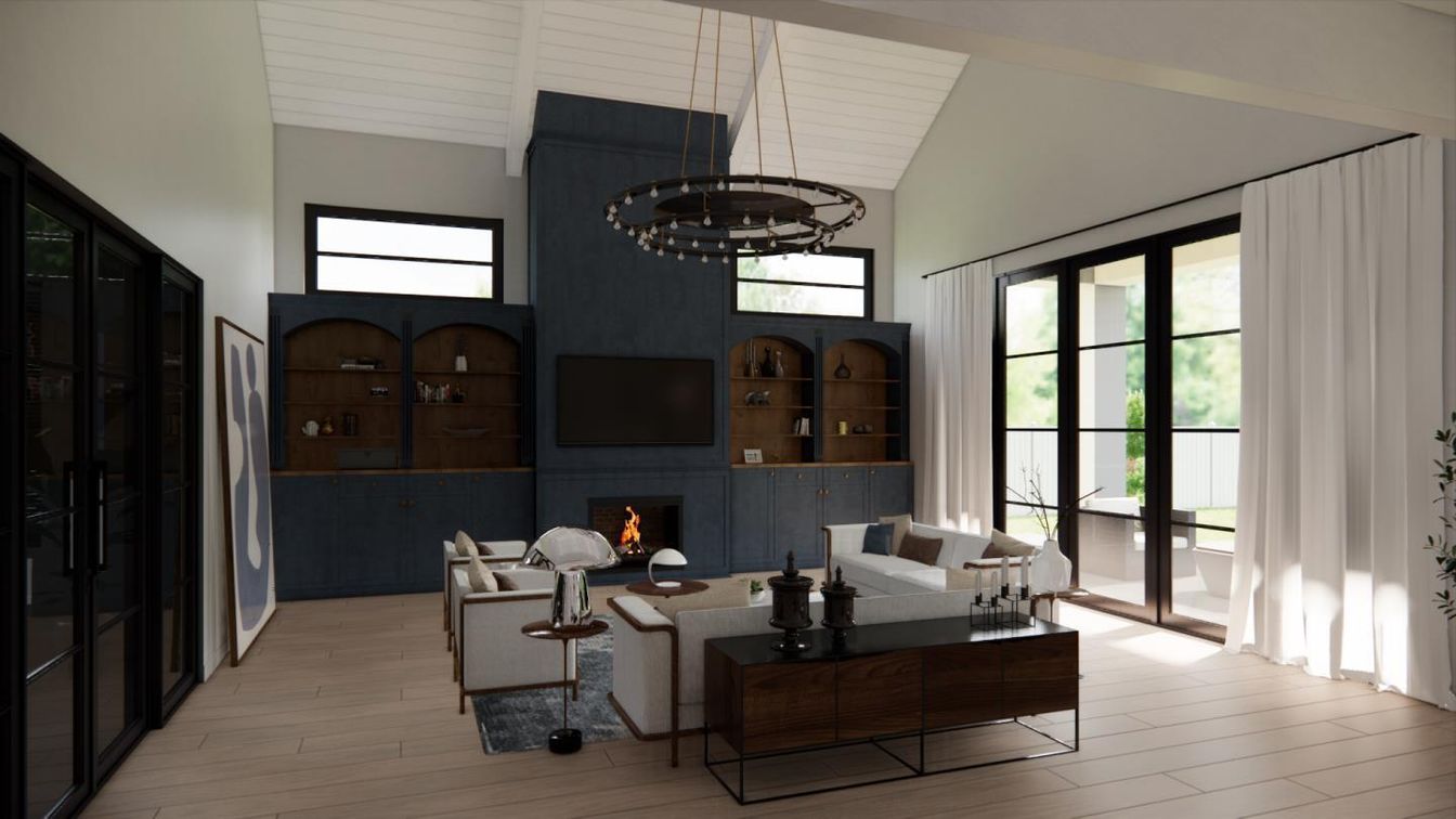 Fireplace, Interior, Living room, Pendant Lights, Wood Texture Flooring