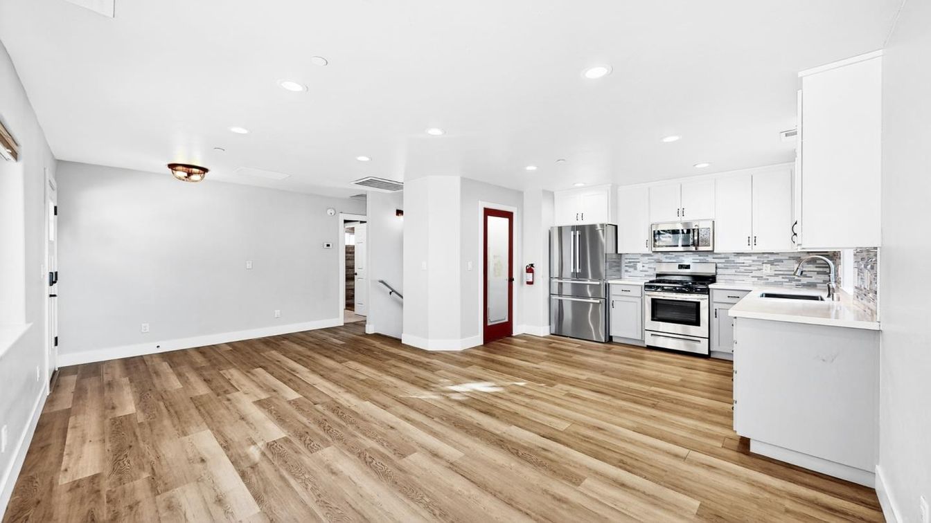 Interior, Kitchen, Recessed Lighting, Stainless Steel Appliances, Wood Texture Flooring