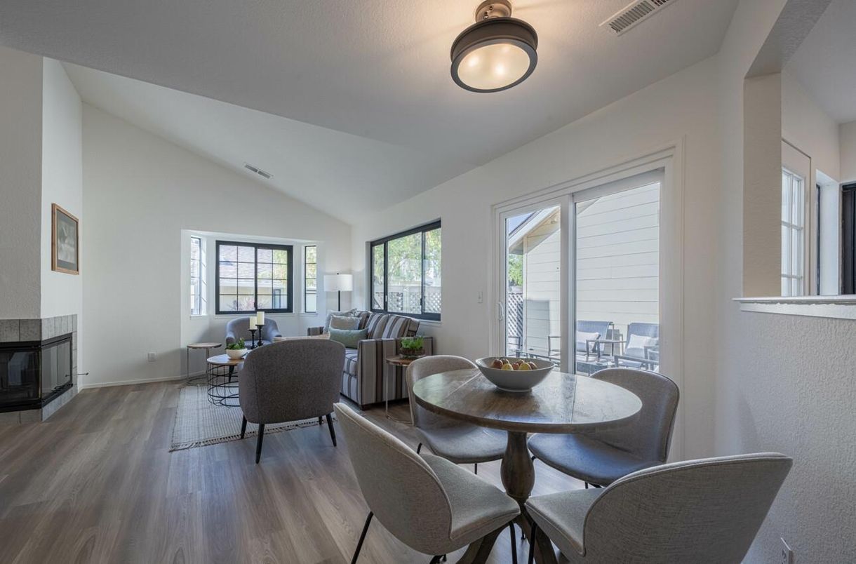 Dining room, Fireplace, Interior, Living room, Wood Texture Flooring