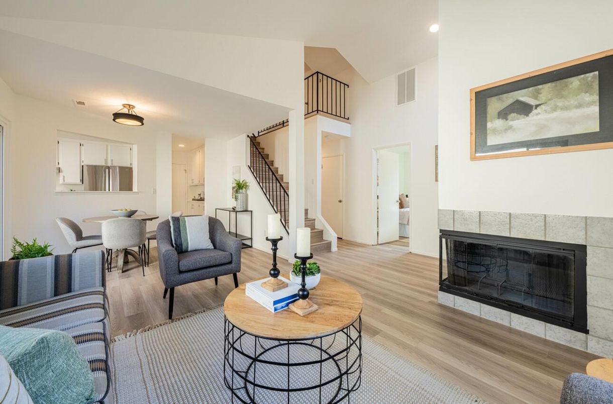 Dining room, Fireplace, Interior, Living room, Recessed Lighting, Wood Texture Flooring
