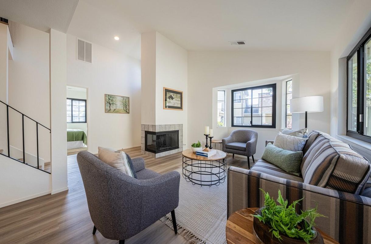 Fireplace, Interior, Living room, Recessed Lighting, Wood Texture Flooring