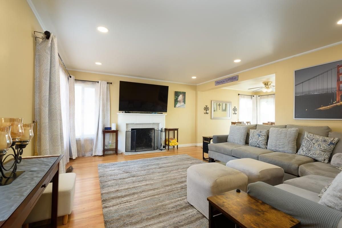 Fireplace, Interior, Living room, Recessed Lighting, Wood Texture Flooring