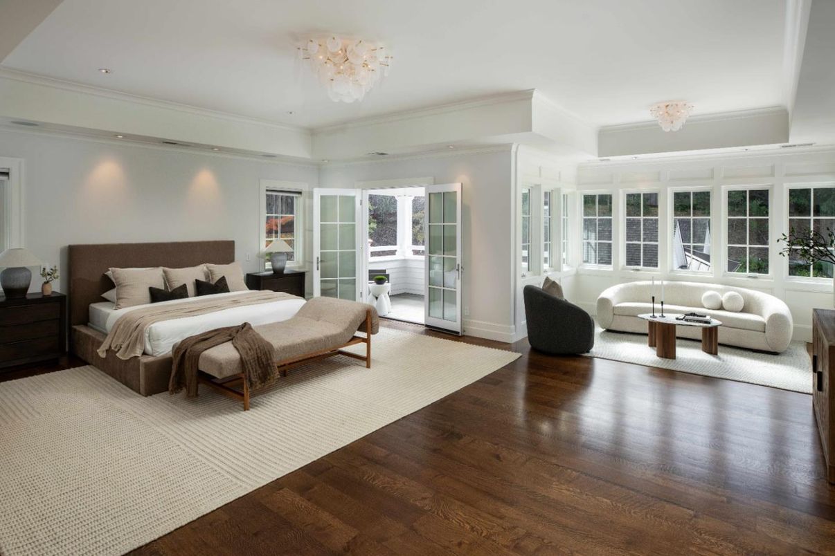 Bedroom, Chandelier, Interior, Recessed Lighting, Wood Texture Flooring