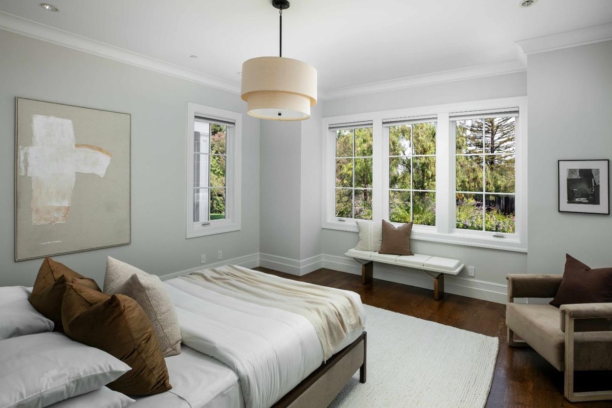 Bedroom, Interior, Pendant Lights, Recessed Lighting, Wood Texture Flooring