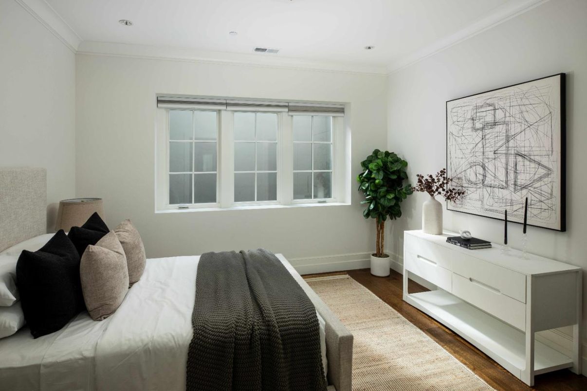 Bedroom, Interior, Recessed Lighting, Wood Texture Flooring