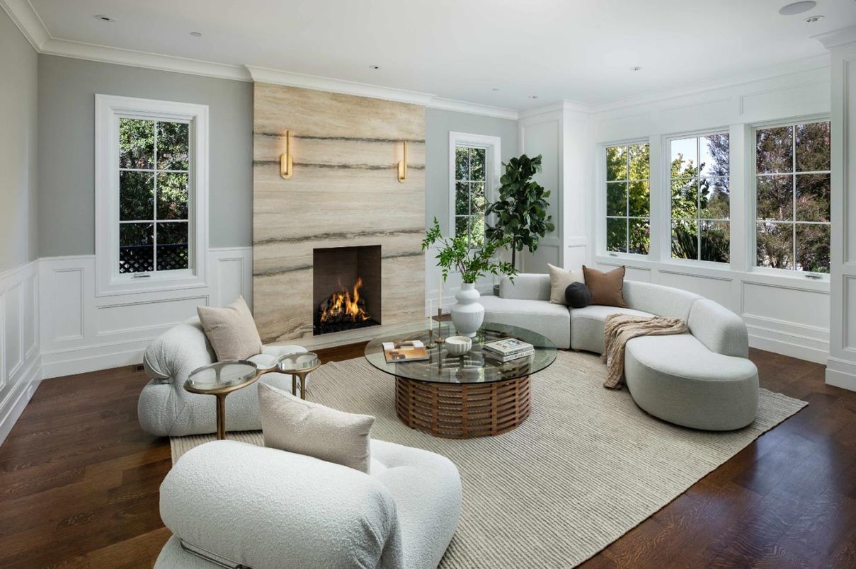 Fireplace, Interior, Living room, Recessed Lighting, Wood Texture Flooring