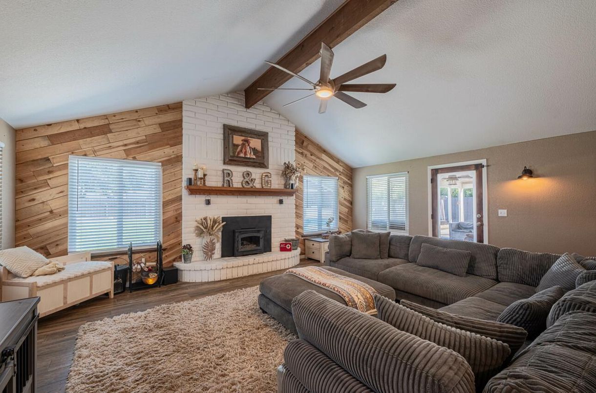 Fireplace, Interior, Living room, Stone Walls, Wood Texture Flooring, Wooden Walls