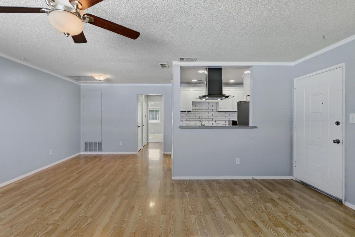 Empty room, Interior, Kitchen, Recessed Lighting, Wood Texture Flooring