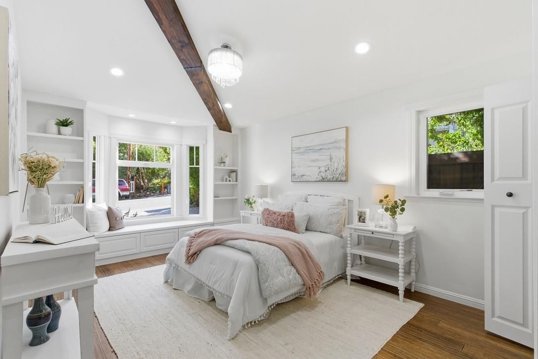 Bedroom, Interior, Recessed Lighting, Wooden Beams, Wood Texture Flooring
