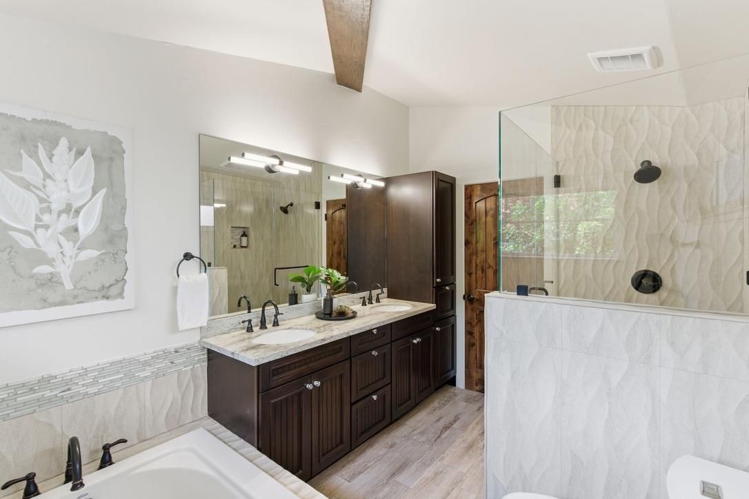 Bathroom, Dual Sink Vanities, Glass Shower, Interior, Wooden Beams, Wood Texture Flooring