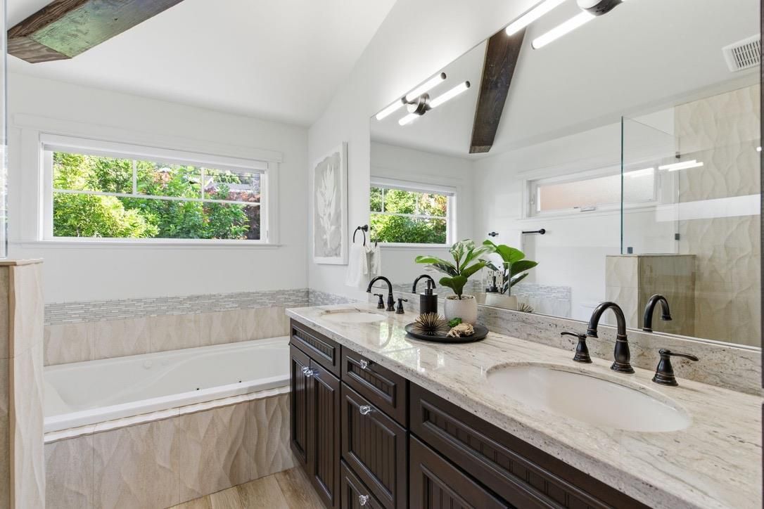 Bathroom, Dual Sink Vanities, Glass Shower, Interior, Wood Texture Flooring