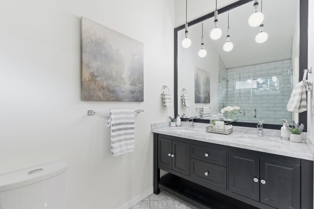 Bathroom, Dual Sink Vanities, Glass Shower, Interior, Pendant Lights