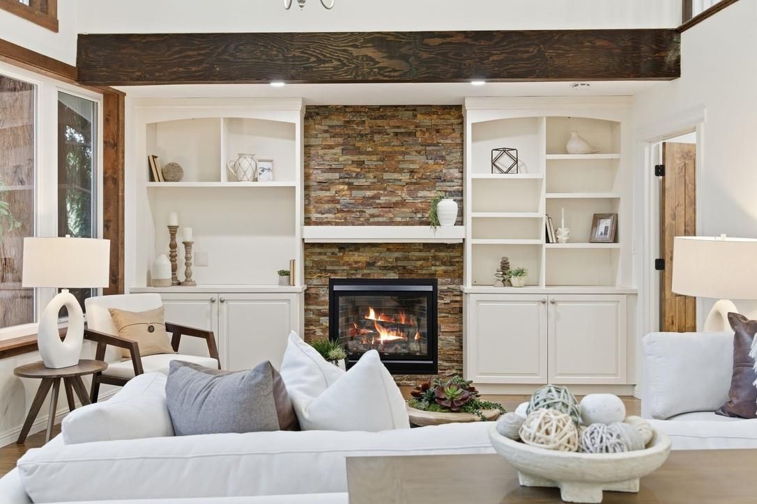 Fireplace, Interior, Living room, Recessed Lighting, Stone Walls, Wood Texture Flooring