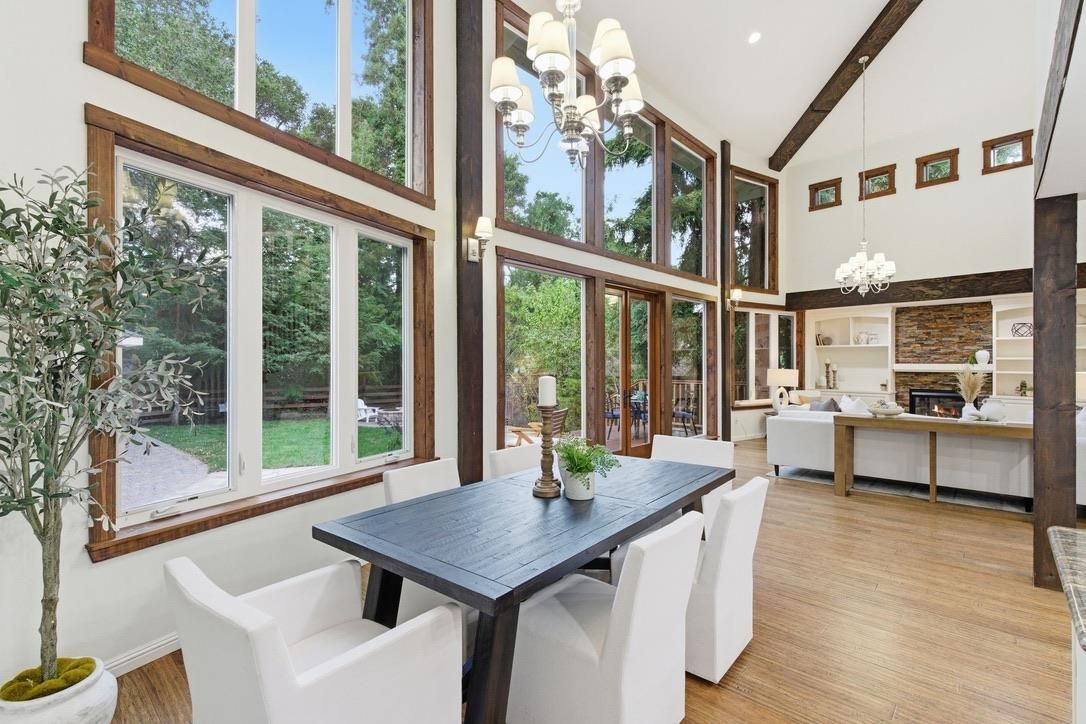 Chandelier, Dining room, Fireplace, Interior, Living room, Recessed Lighting, Wood Texture Flooring