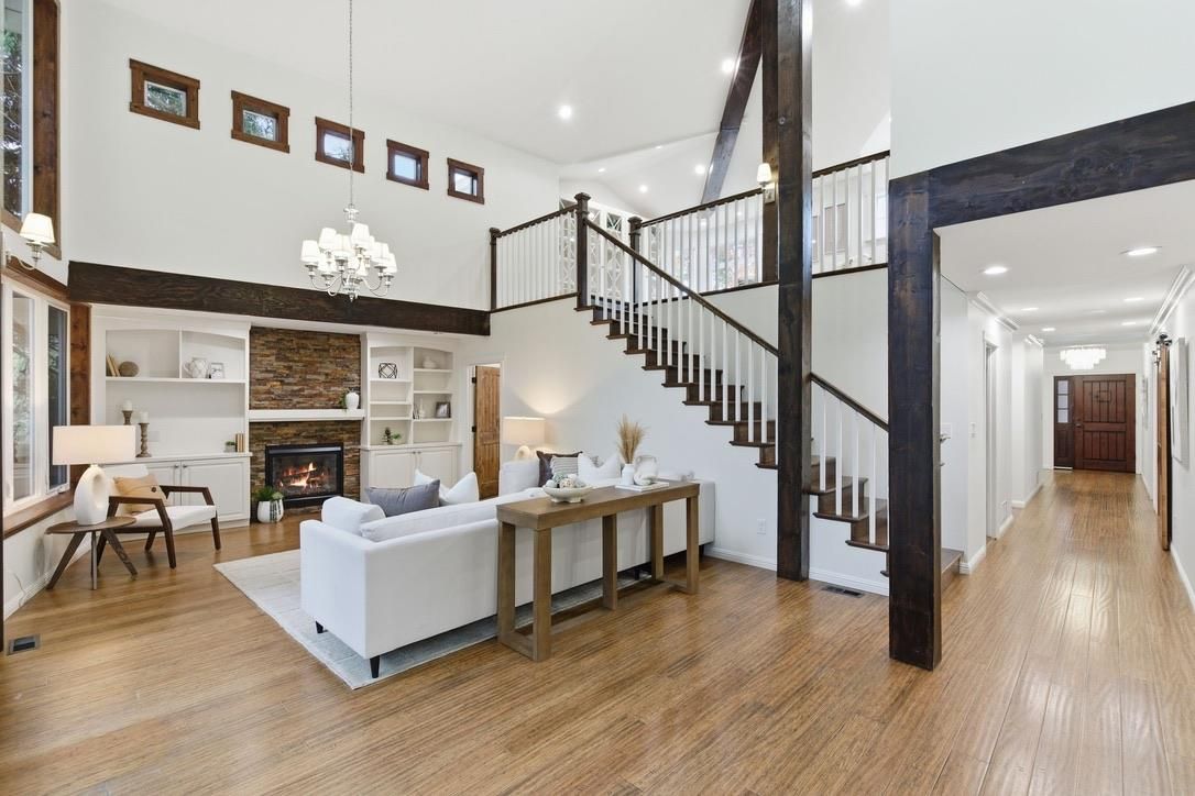 Chandelier, Fireplace, Interior, Living room, Recessed Lighting, Wood Texture Flooring