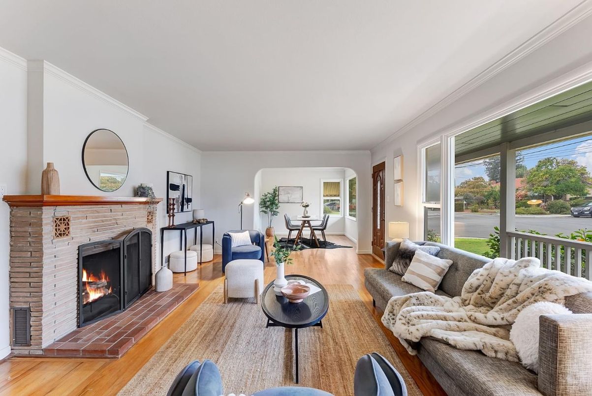 Dining room, Fireplace, Interior, Living room, Water, Wood Texture Flooring