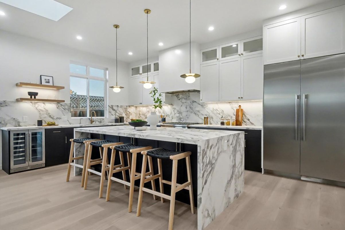 Interior, Kitchen, Marble Walls, Pendant Lights, Recessed Lighting, Stainless Steel Appliances, Wood Texture Flooring