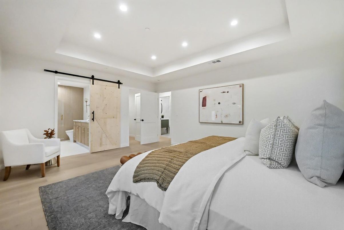 Bedroom, Interior, Marble Walls, Recessed Lighting, Wood Texture Flooring