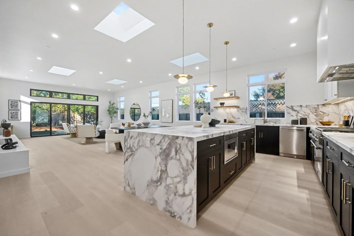 Interior, Kitchen, Marble Walls, Pendant Lights, Recessed Lighting, Stainless Steel Appliances, Wood Texture Flooring