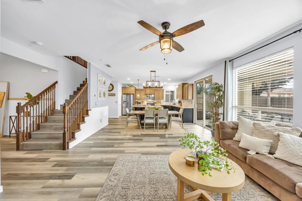 Dining room, Interior, Kitchen, Living room, Pendant Lights, Recessed Lighting, Stainless Steel Appliances, Wood Texture Flooring