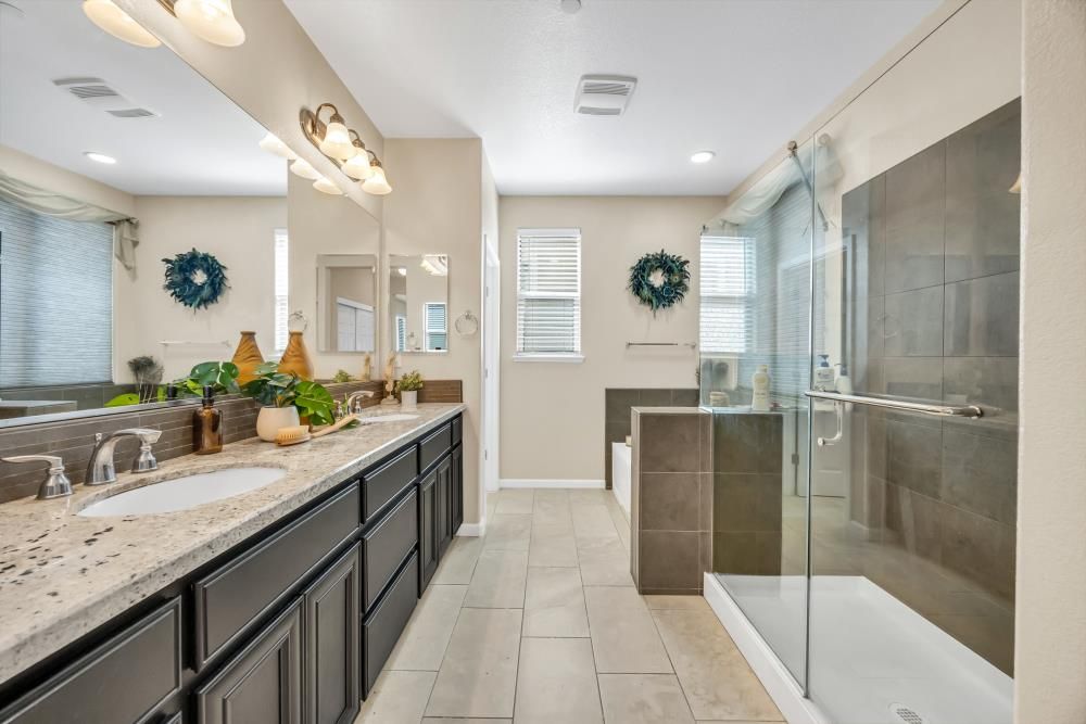Bathroom, Dual Sink Vanities, Glass Shower, Interior, Recessed Lighting