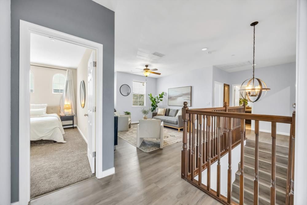 Bedroom, Chandelier, Interior, Pendant Lights, Recessed Lighting, Wood Texture Flooring