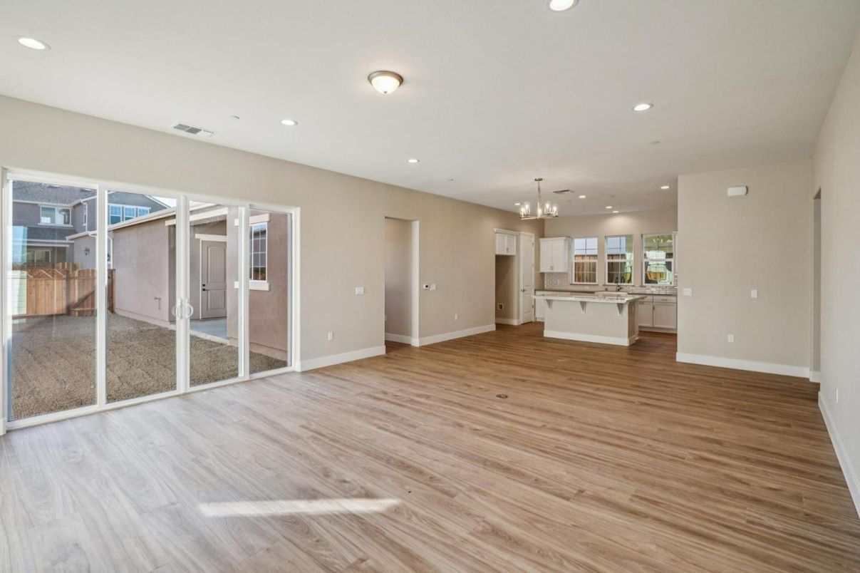 Empty room, Interior, Kitchen, Pendant Lights, Recessed Lighting, Wood Texture Flooring