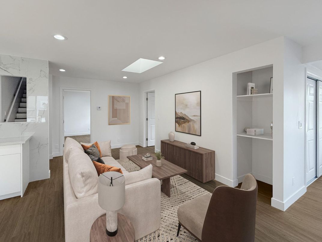 Interior, Living room, Marble Walls, Recessed Lighting, Wood Texture Flooring