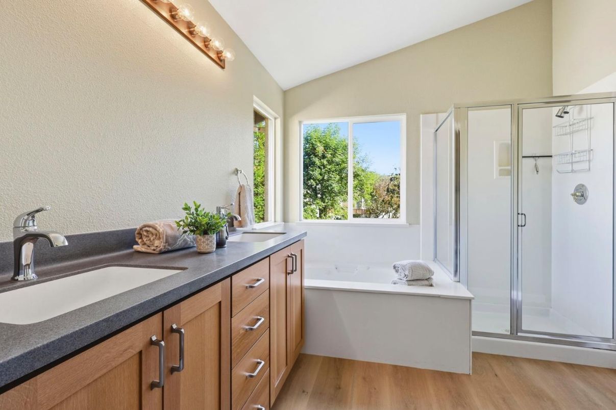 Bathroom, Glass Shower, Interior, Wood Texture Flooring