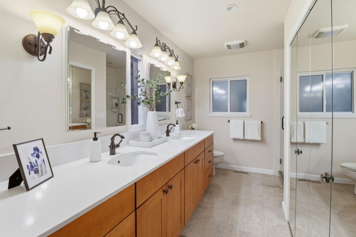 Bathroom, Dual Sink Vanities, Glass Shower, Interior, Recessed Lighting
