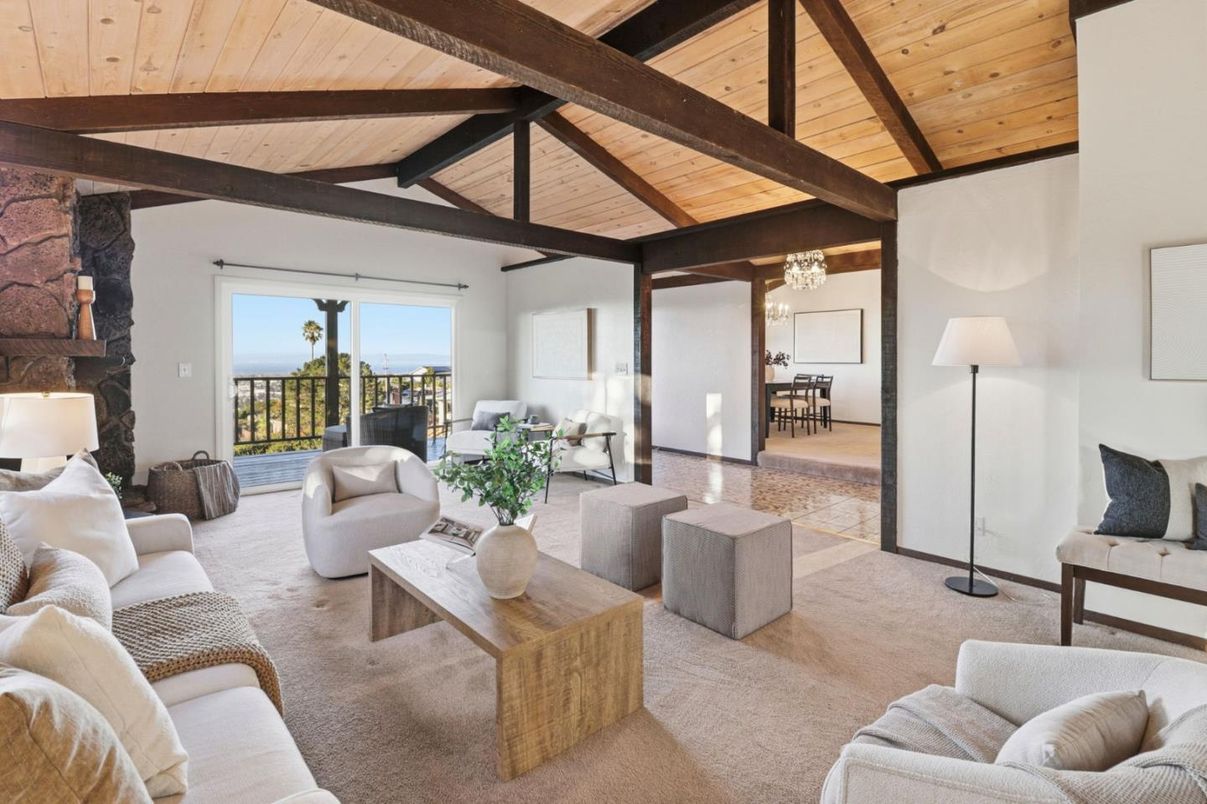 Chandelier, Dining room, Fireplace, Interior, Living room, Stone Walls, Wooden Beams, Wooden Ceilings