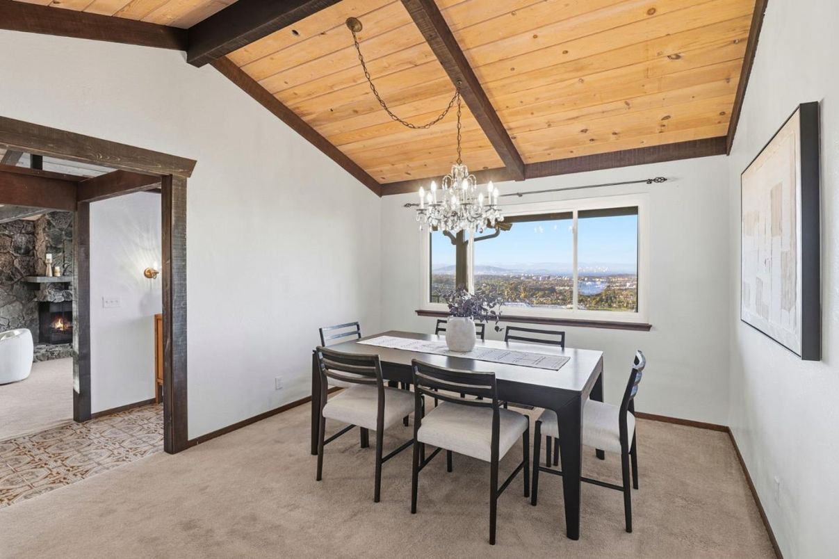 Chandelier, Dining room, Fireplace, Interior, Wooden Beams, Wooden Ceilings