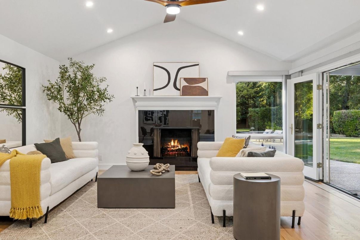 Fireplace, Interior, Living room, Recessed Lighting, Wood Texture Flooring