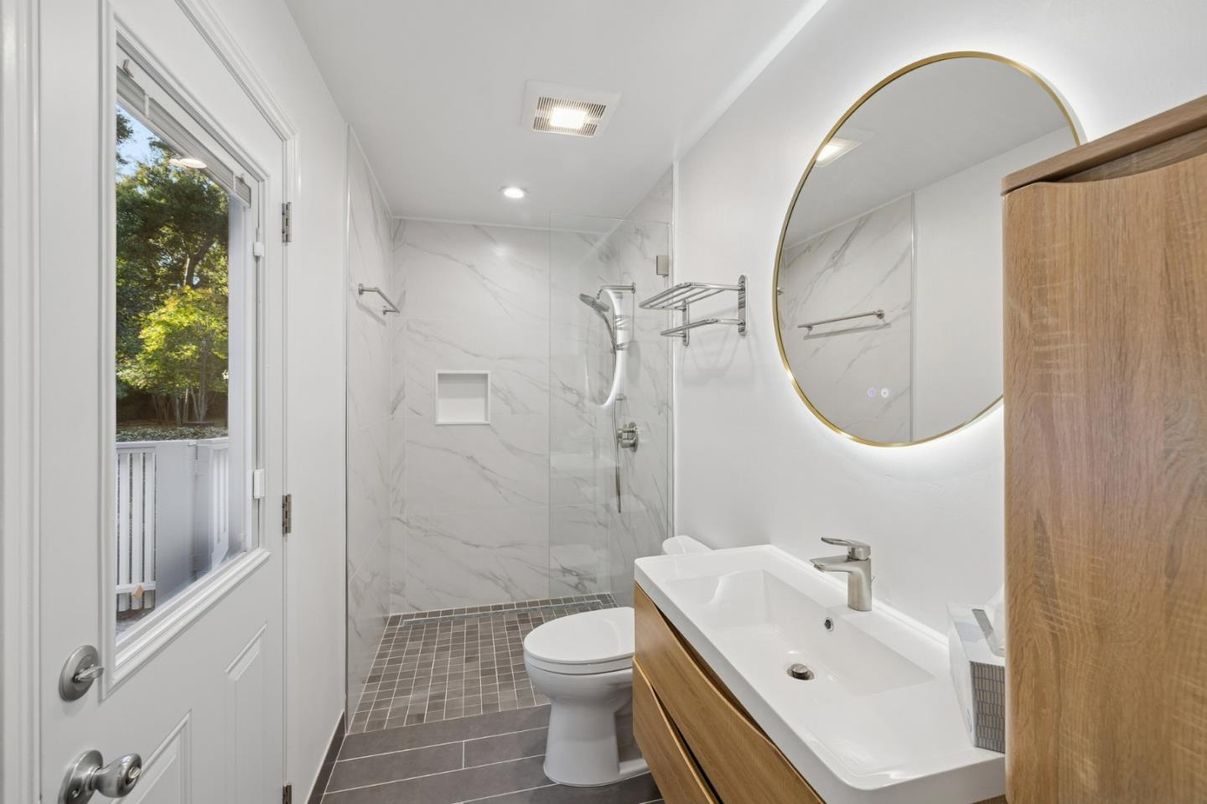 Bathroom, Glass Shower, Interior, Marble Walls, Recessed Lighting