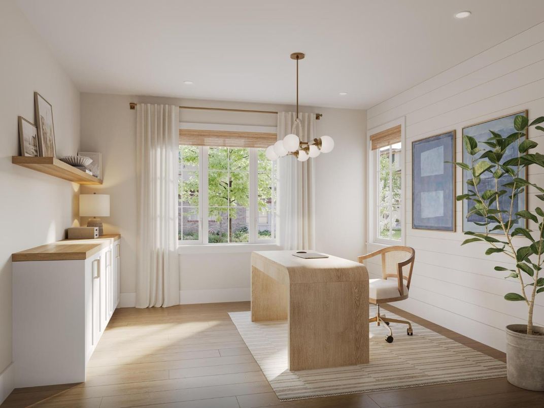 Home Office, Interior, Pendant Lights, Recessed Lighting, Wood Texture Flooring