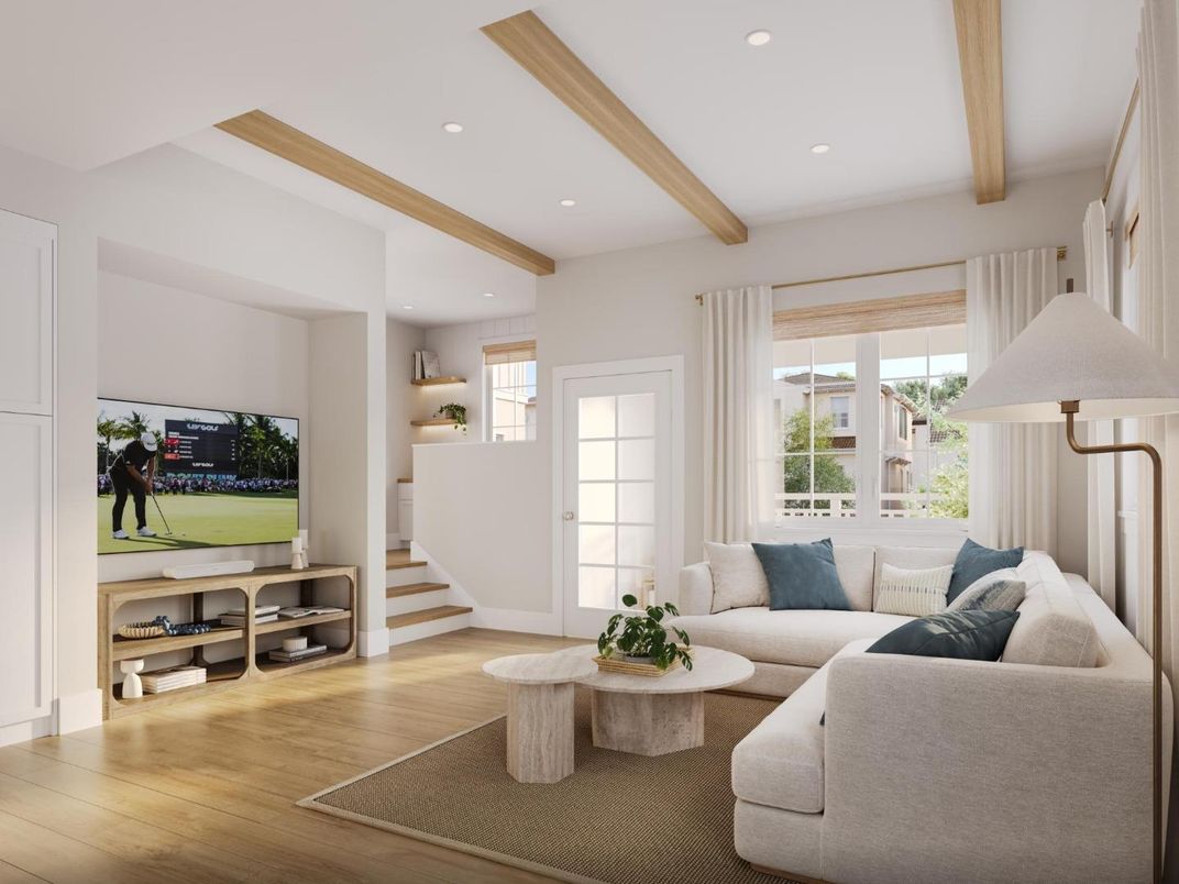 Interior, Living room, Recessed Lighting, Wooden Beams, Wood Texture Flooring