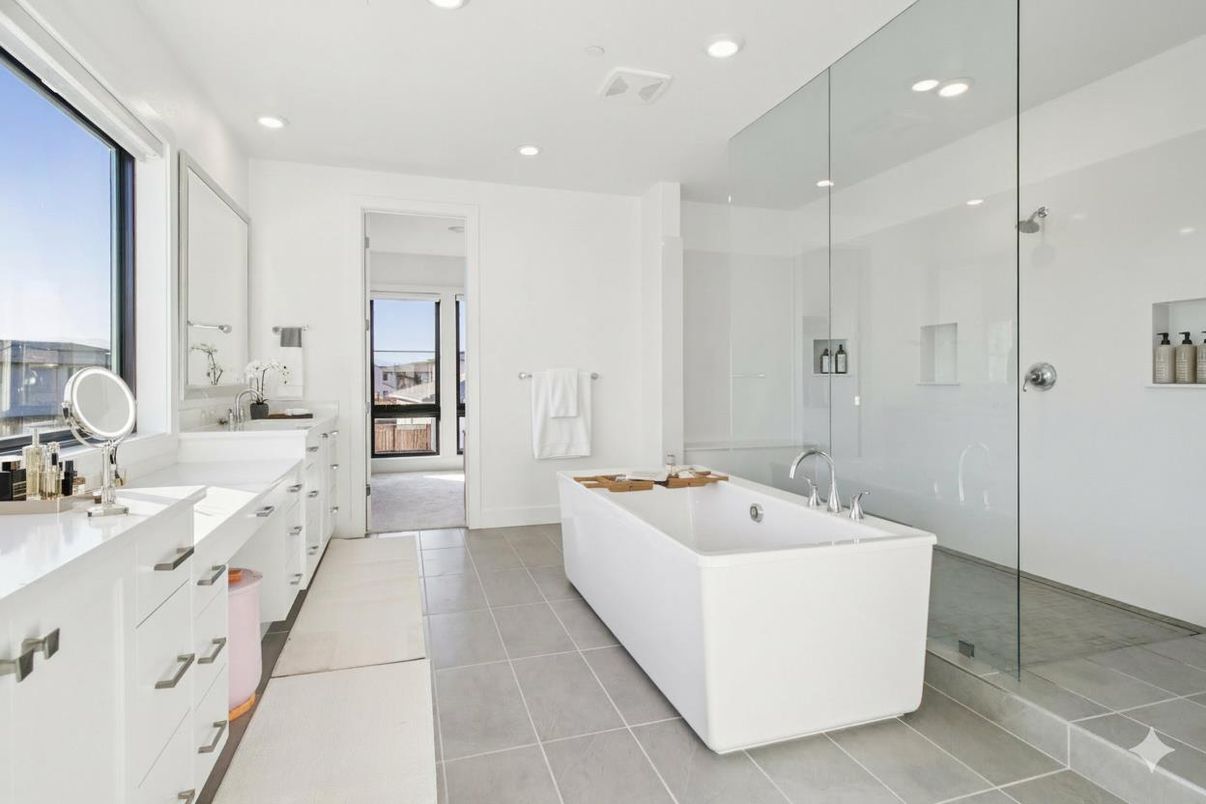 Bathroom, Dual Sink Vanities, Free Standing Baths, Glass Shower, Interior, Recessed Lighting