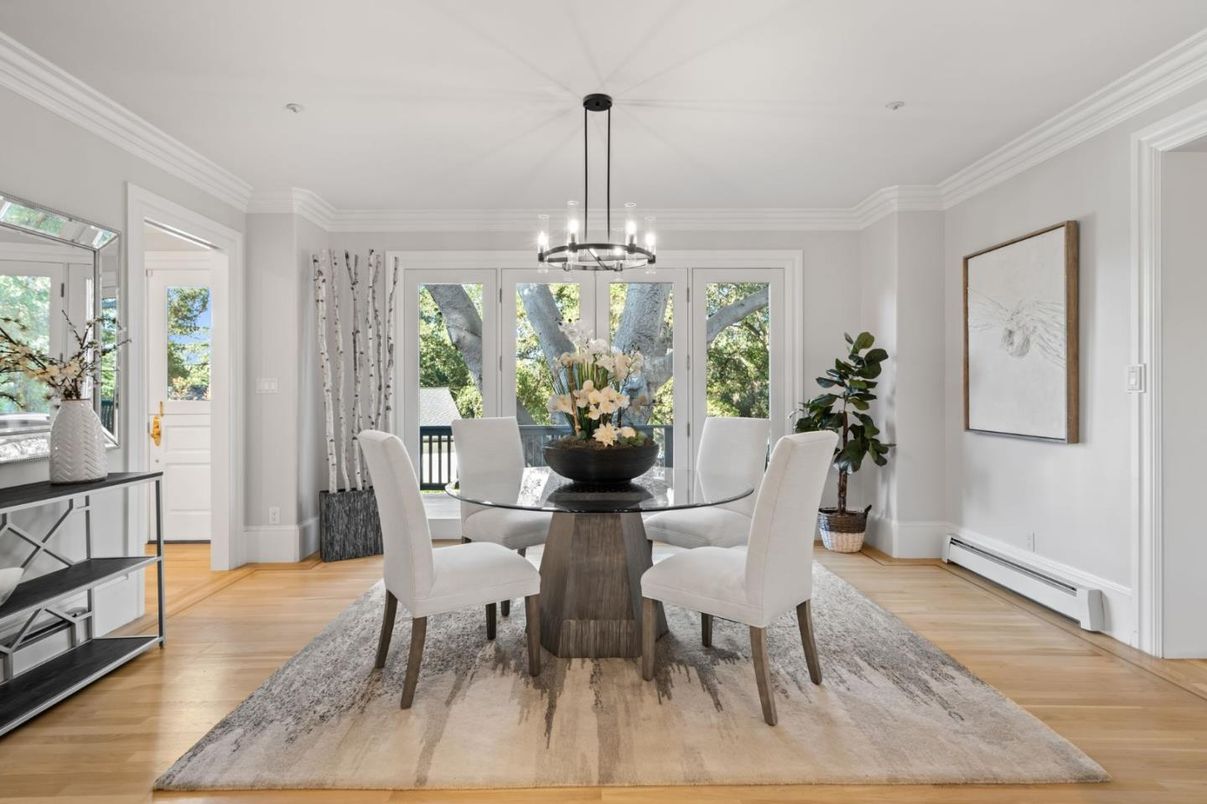 Dining room, Interior, Pendant Lights, Recessed Lighting, Wood Texture Flooring