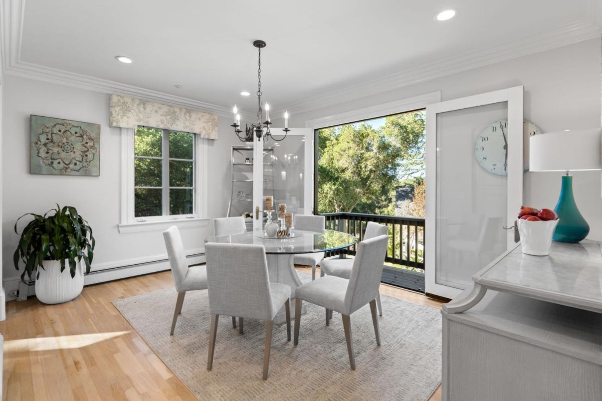 Dining room, Interior, Pendant Lights, Recessed Lighting, Wood Texture Flooring