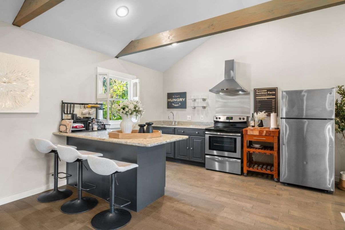 Interior, Kitchen, Recessed Lighting, Stainless Steel Appliances, Wooden Beams, Wood Texture Flooring